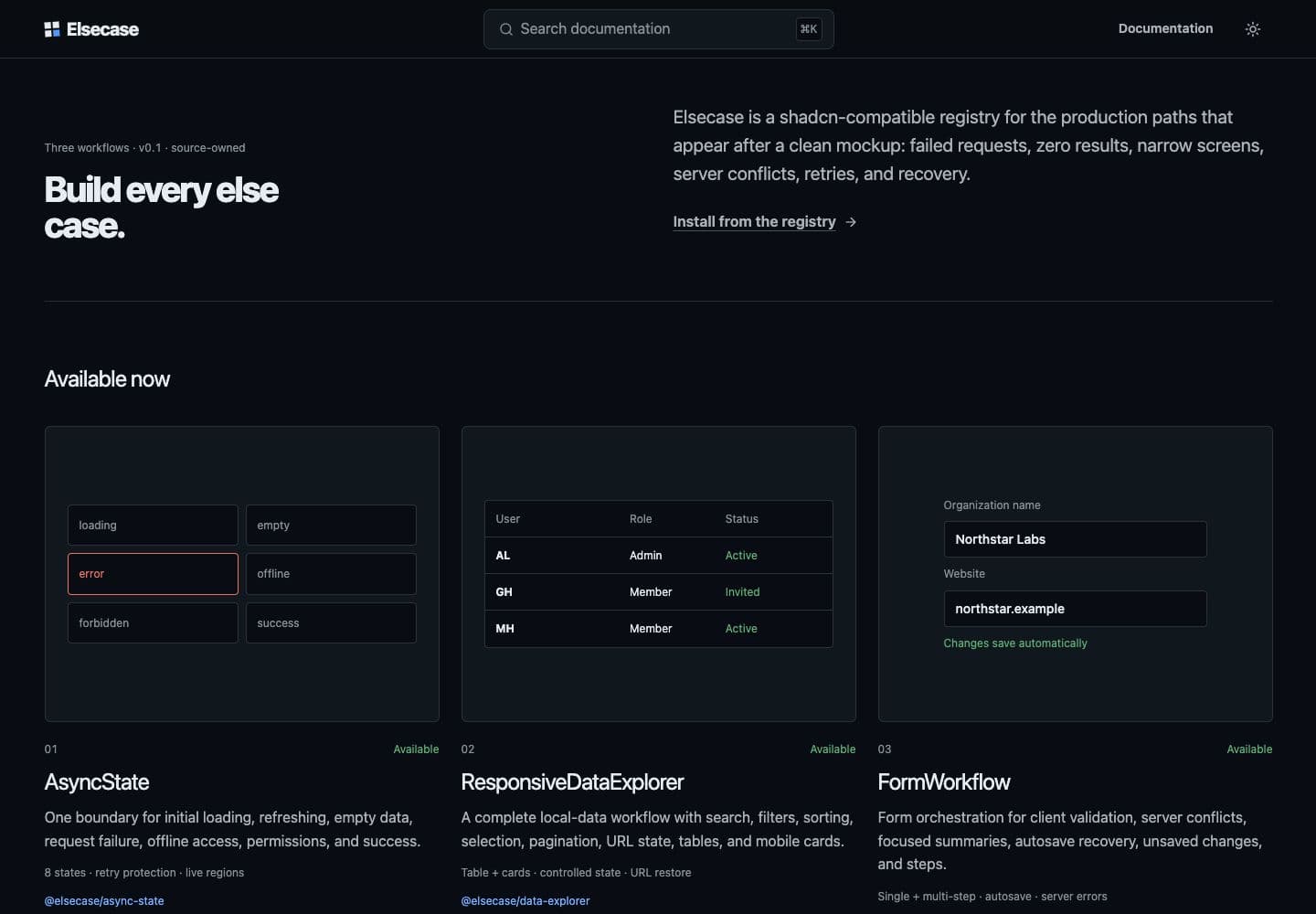 Elsecase registry homepage showing AsyncState, ResponsiveDataExplorer, and FormWorkflow